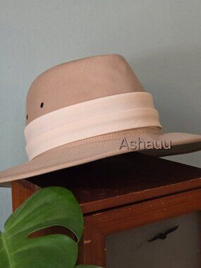RARE Vintage 80s Fedora Hat Made in France 56 7 Tan Beige Herringbone Safari Hat